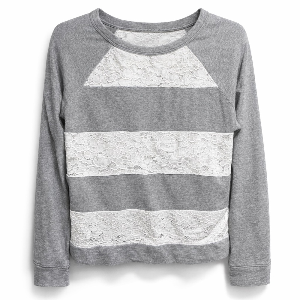 Gray and White Lace Striped Sweatshirt